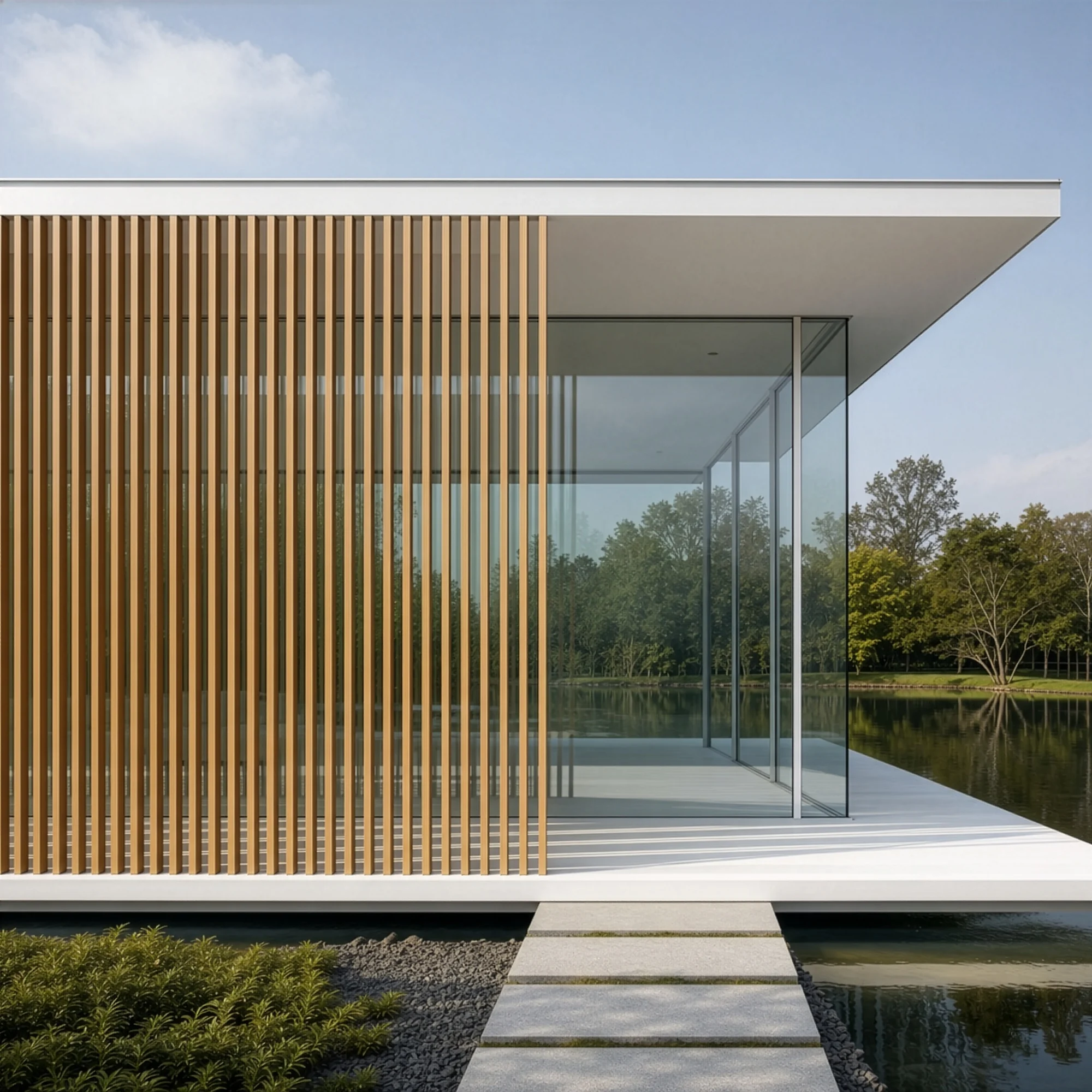 modern minimalist pavilion by the lake