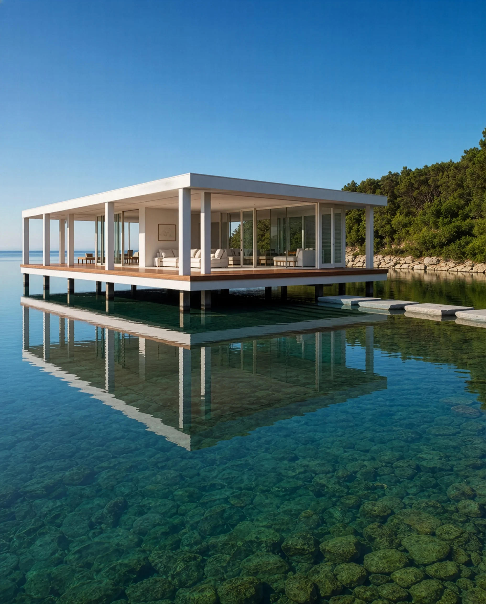 modern minimalist house over clear water