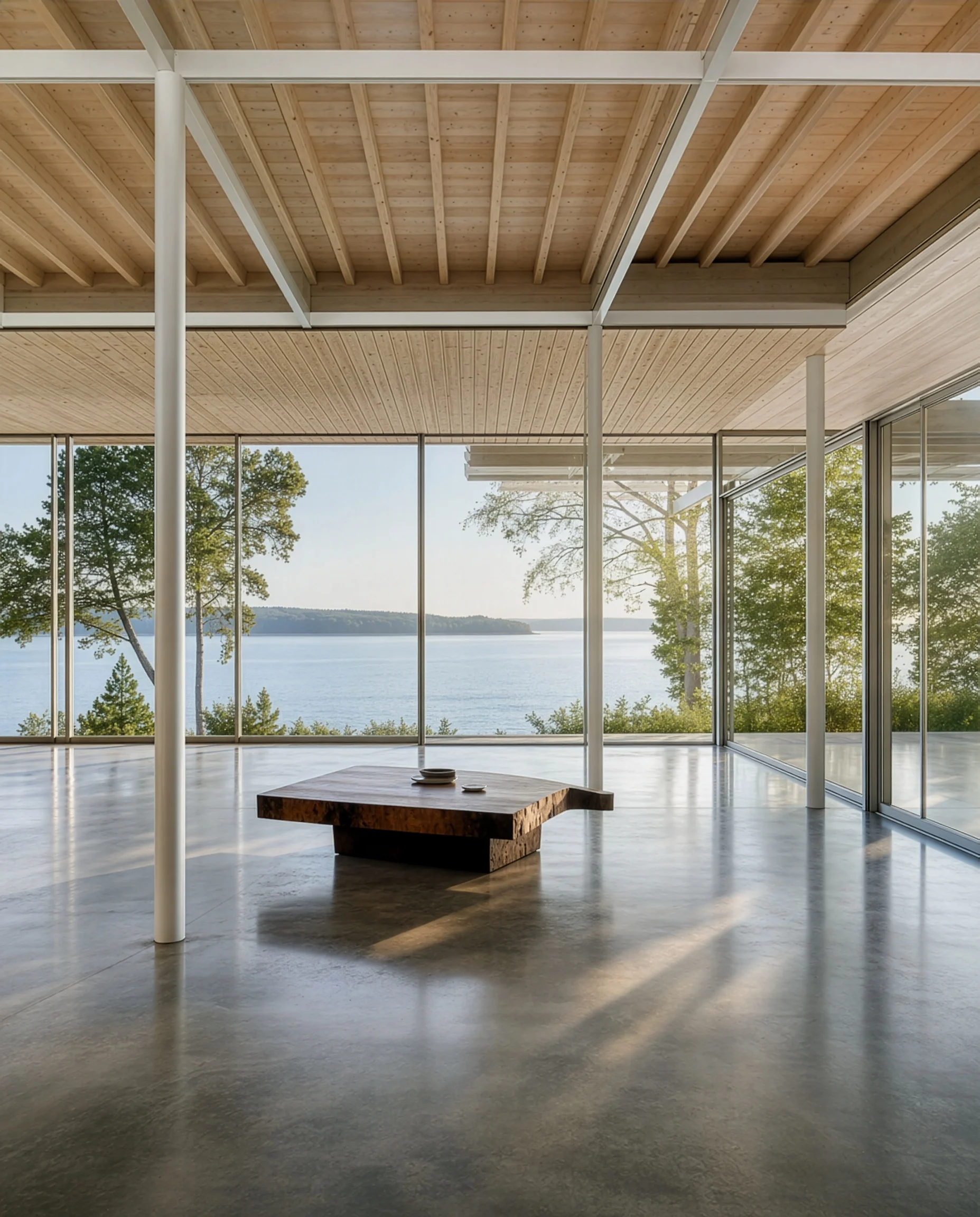 minimalist living room overlooking a calm lake