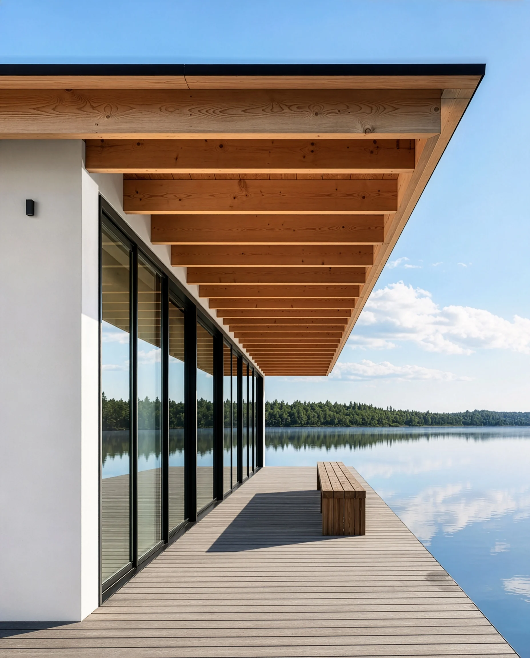 modern lakeside deck with wooden overhang