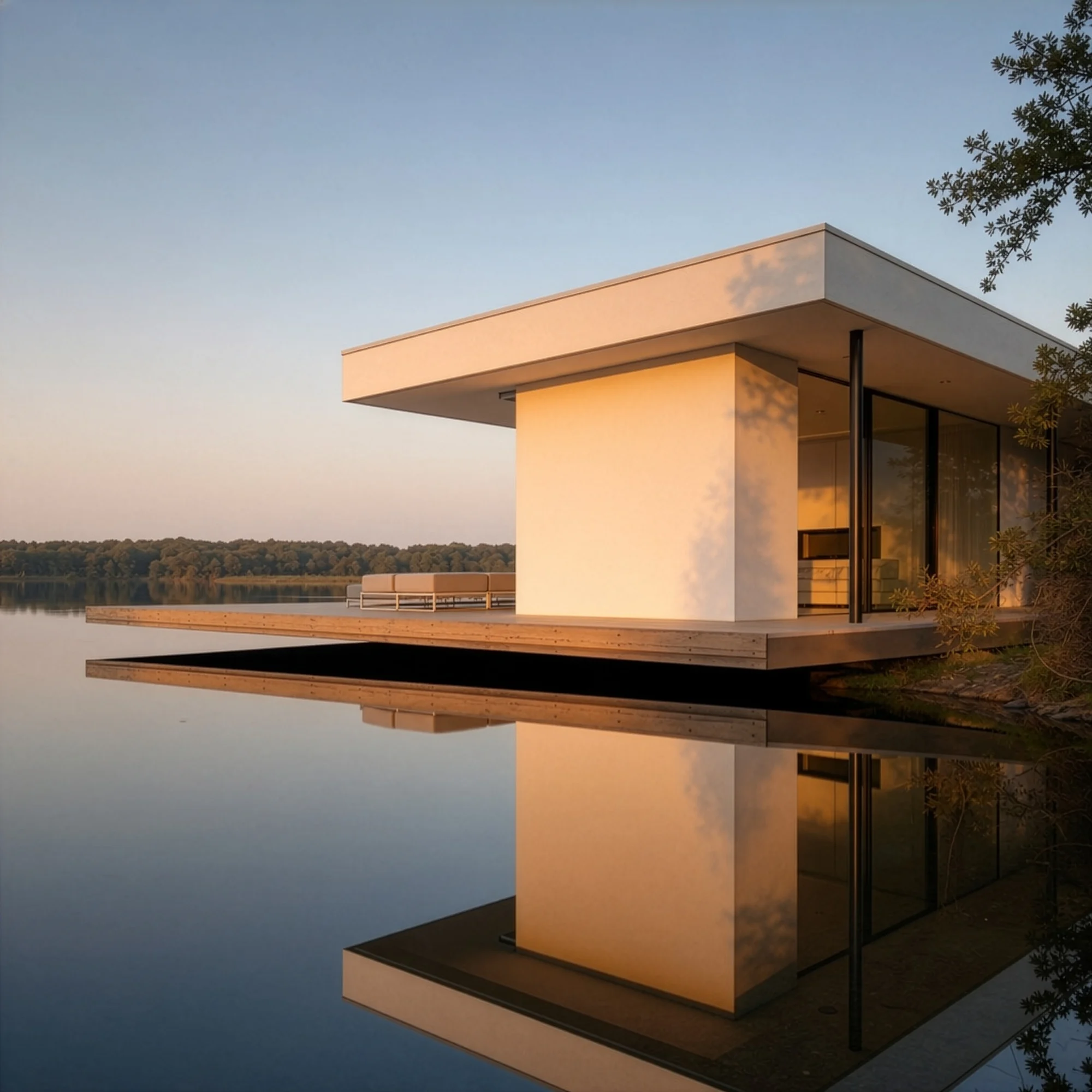 modern lakeside retreat at sunset