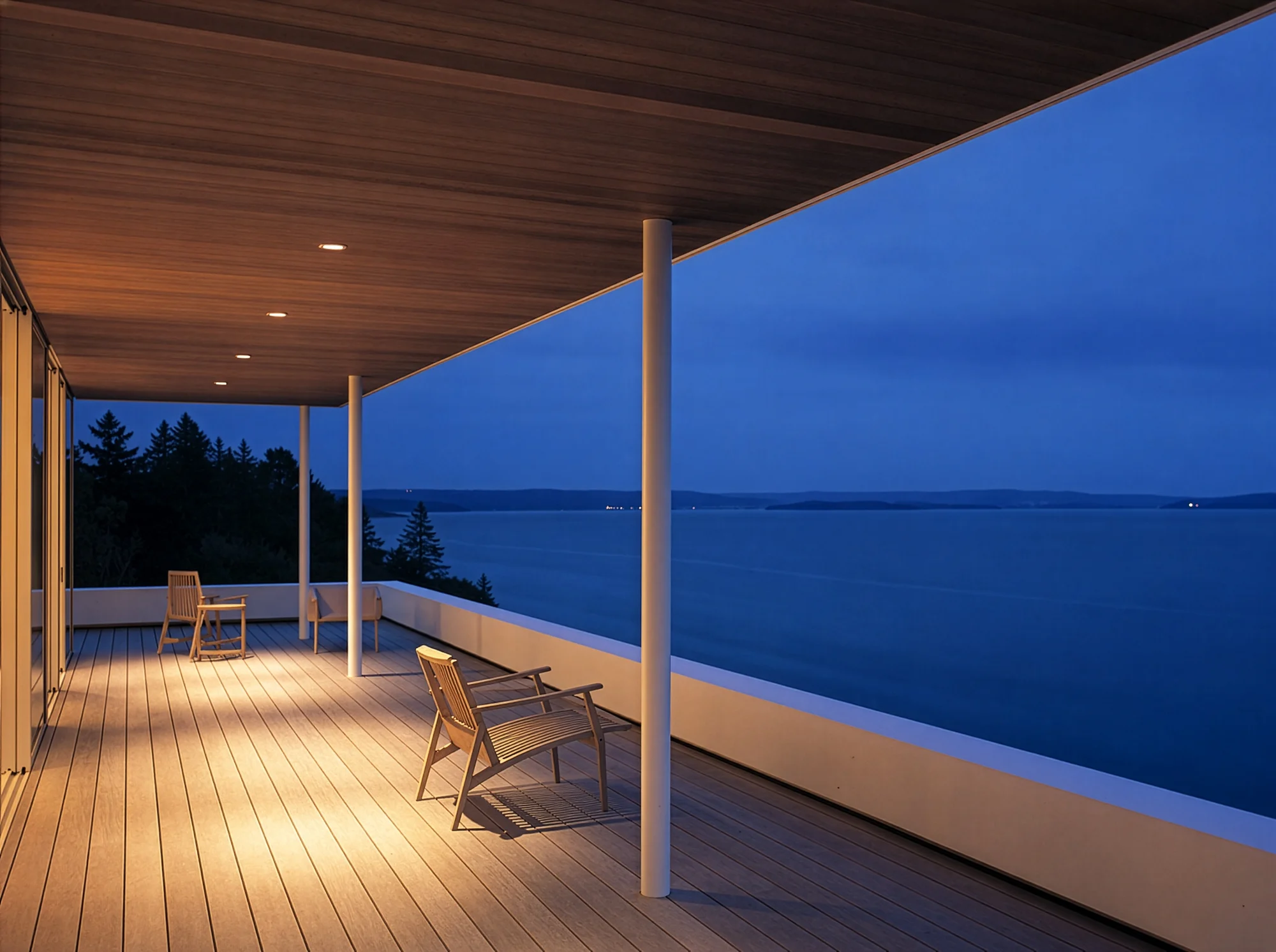 modern terrace overlooking the ocean at twilight