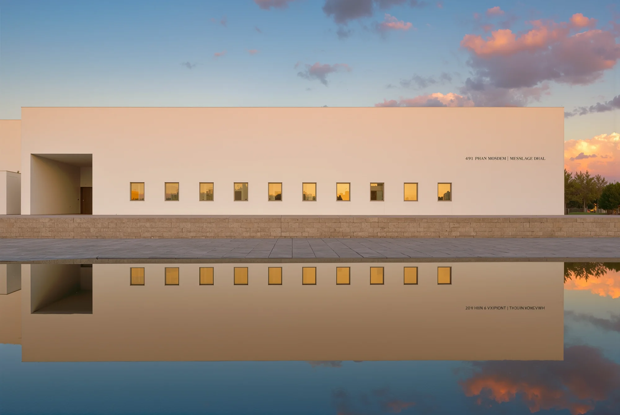 minimalist building reflection at sunset