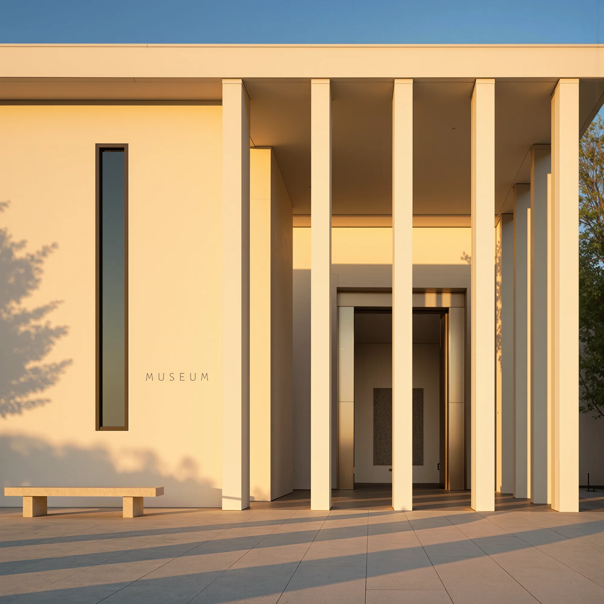 modern minimalist museum entrance at sunset