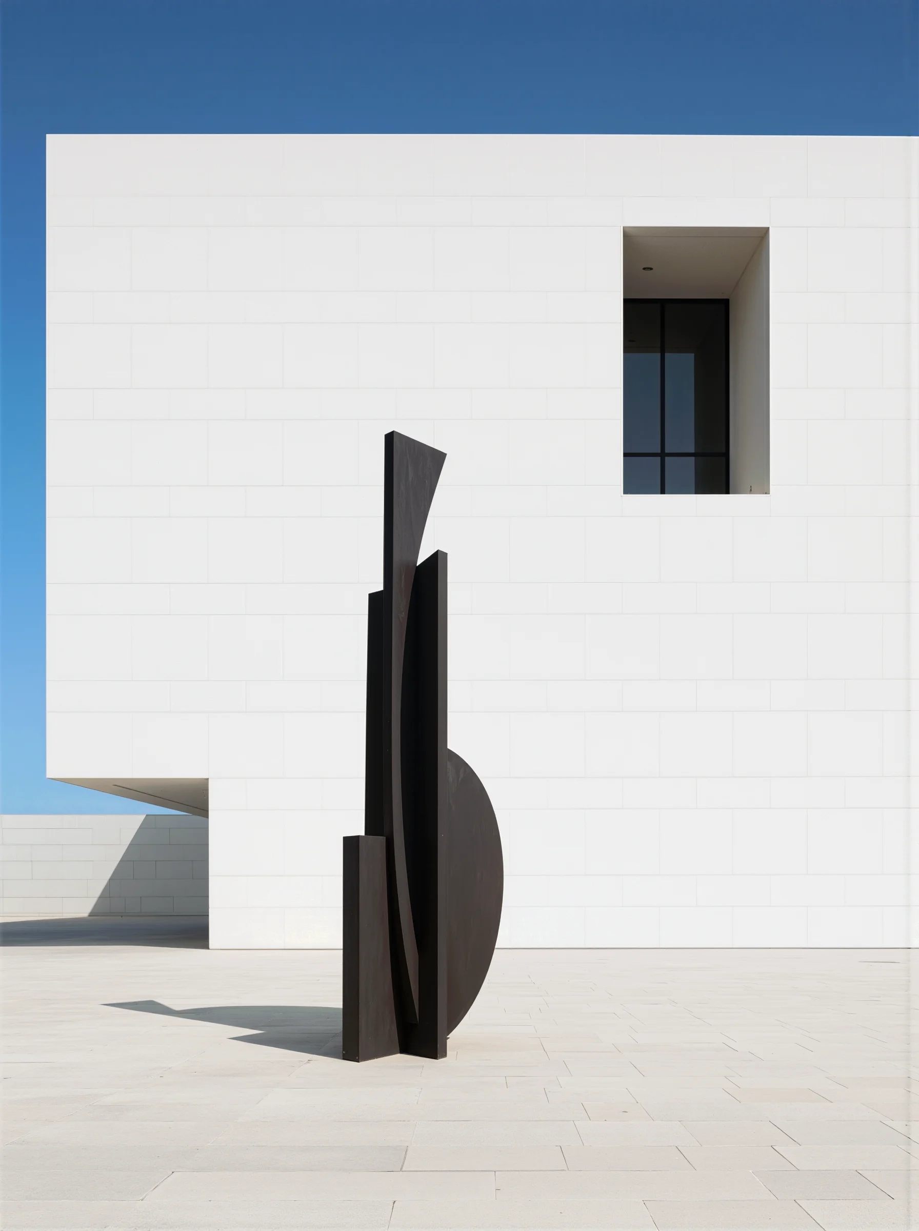 modern sculpture before a minimalist building