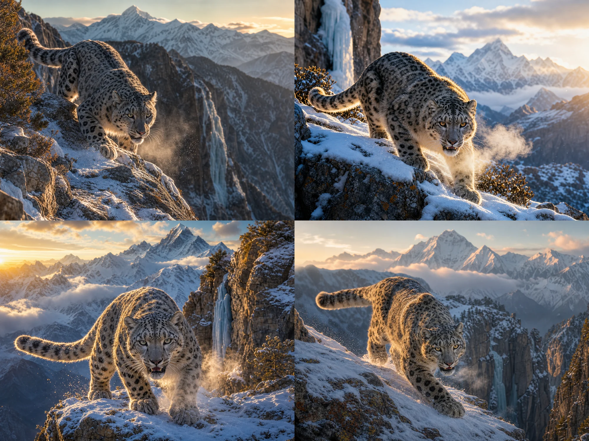 Grid of AI generated snow leopard images created with comma separated keyword prompts