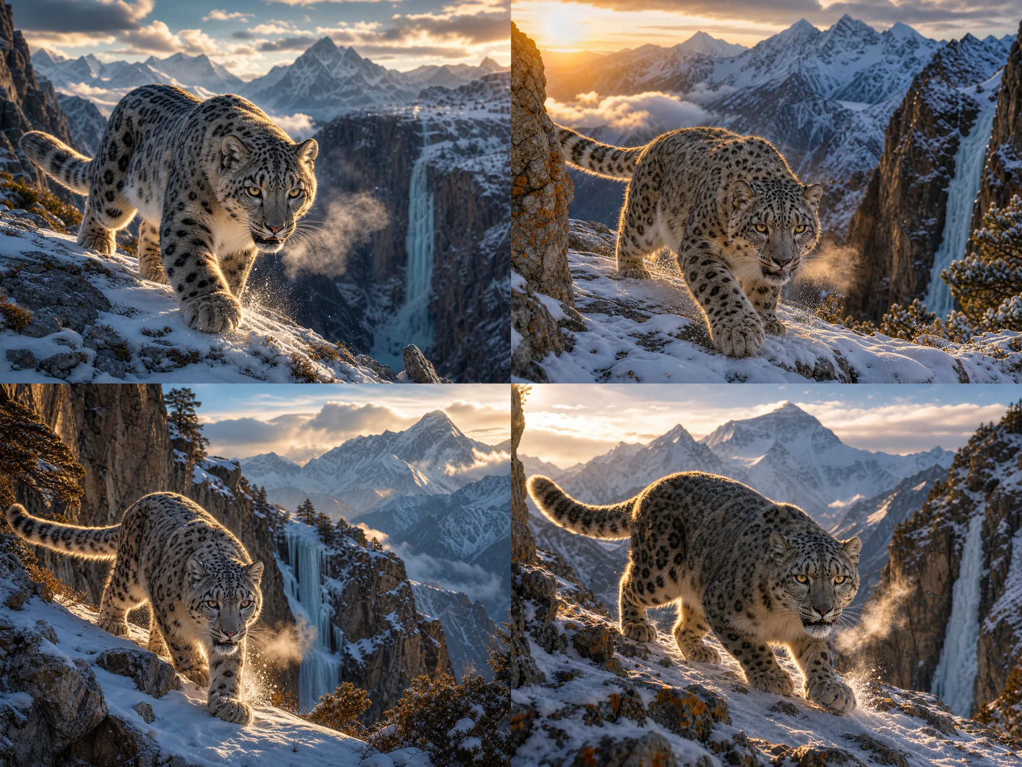 Grid of AI generated snow leopard images created with narrative sentence prompts