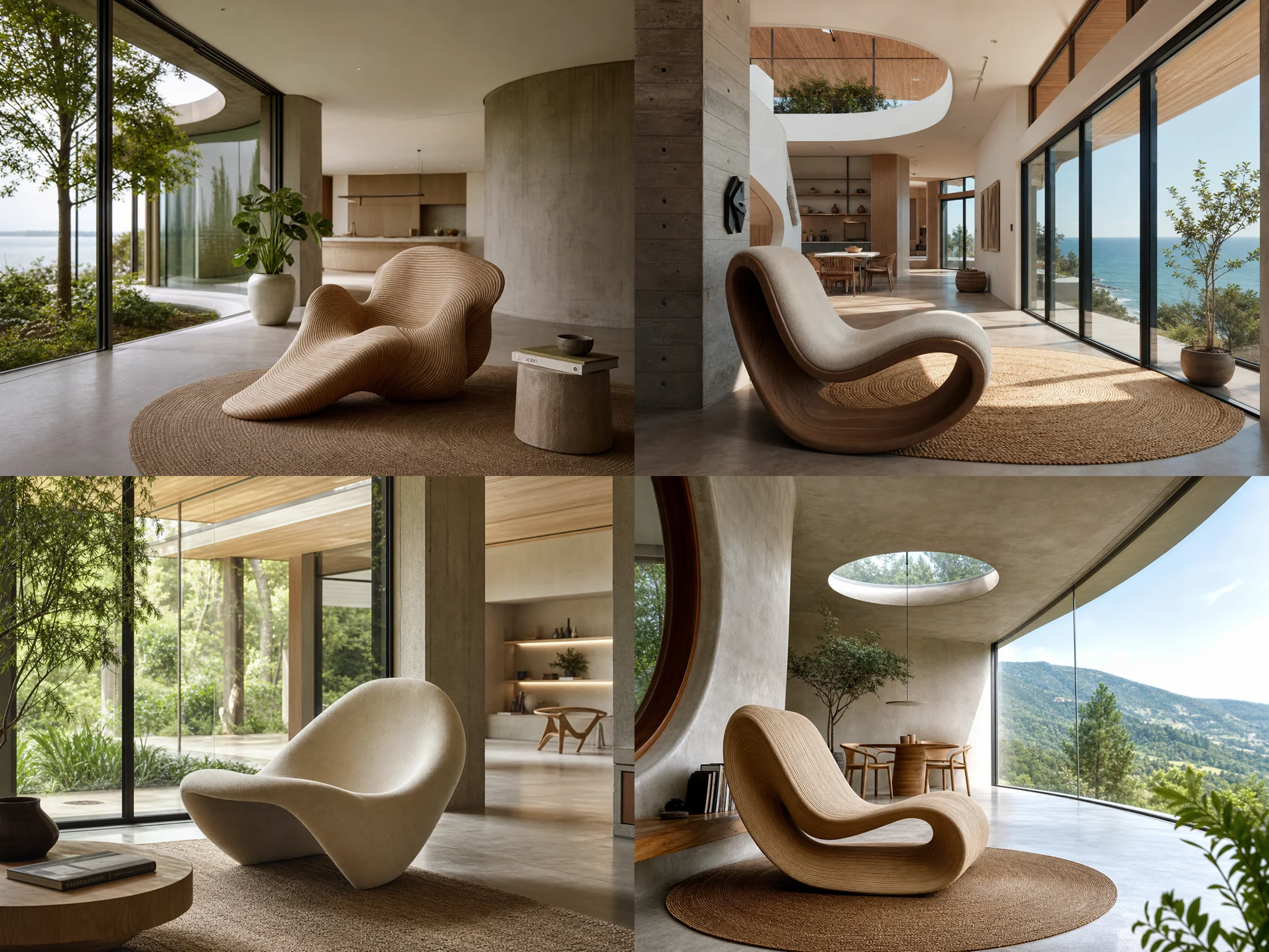 Grid of four architectural interior images generated from a vague prompt