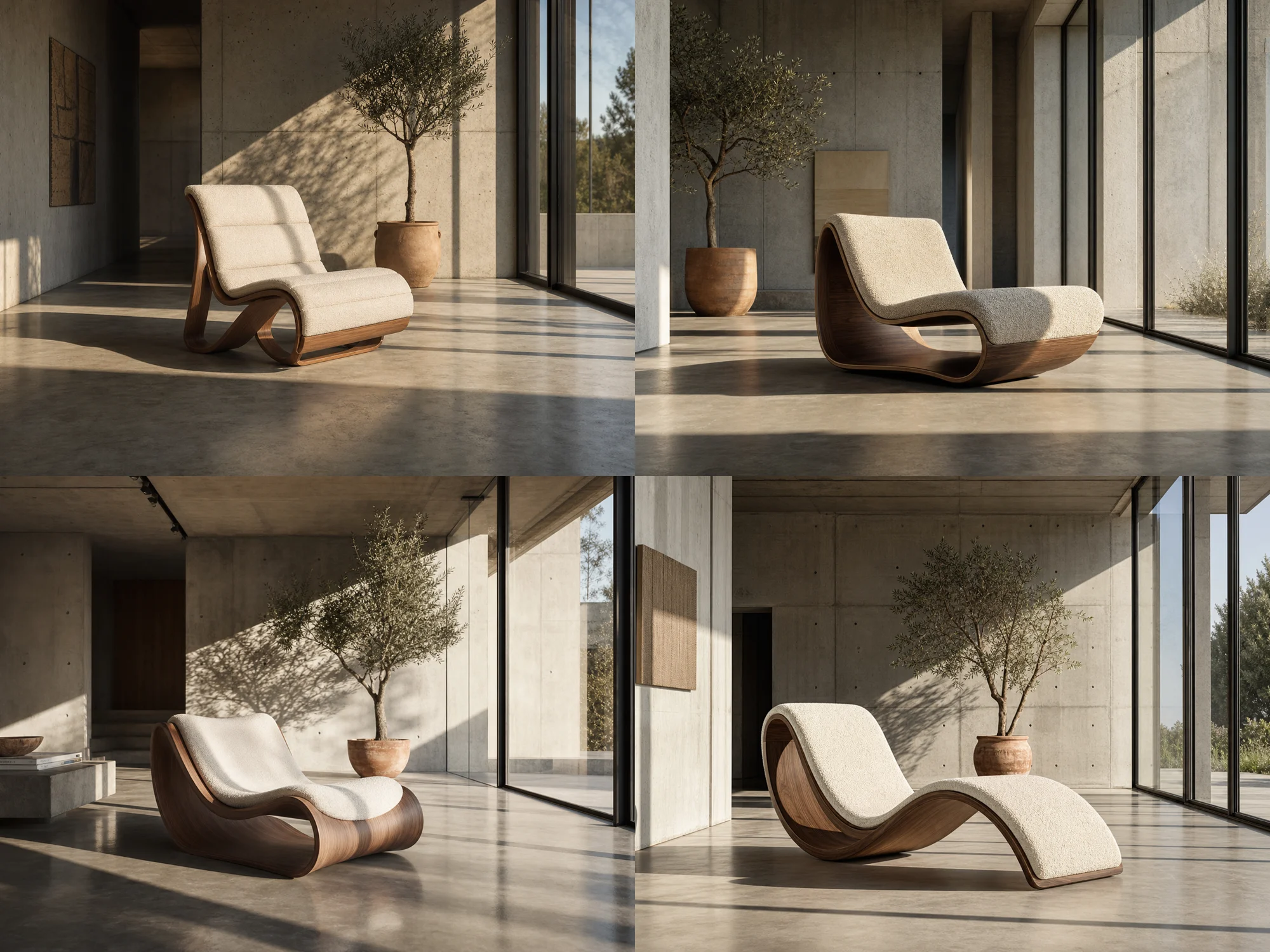 Grid of four architectural interior images generated from an ultraspecific prompt