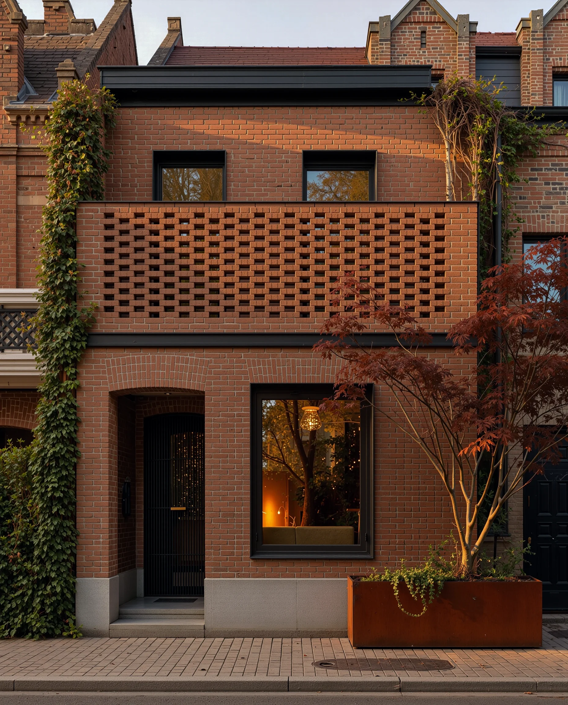 modern brick townhouse with lattice balcony