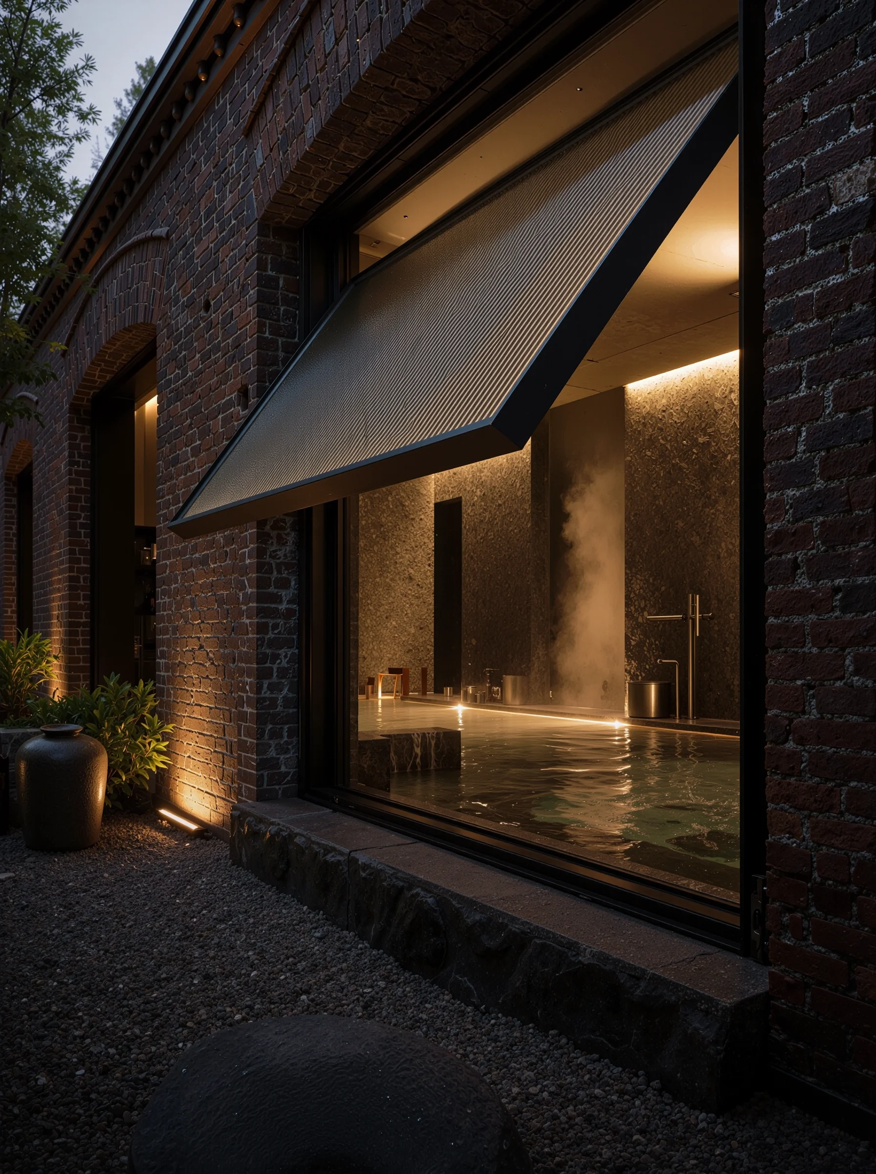 modern indoor spa with brick exterior