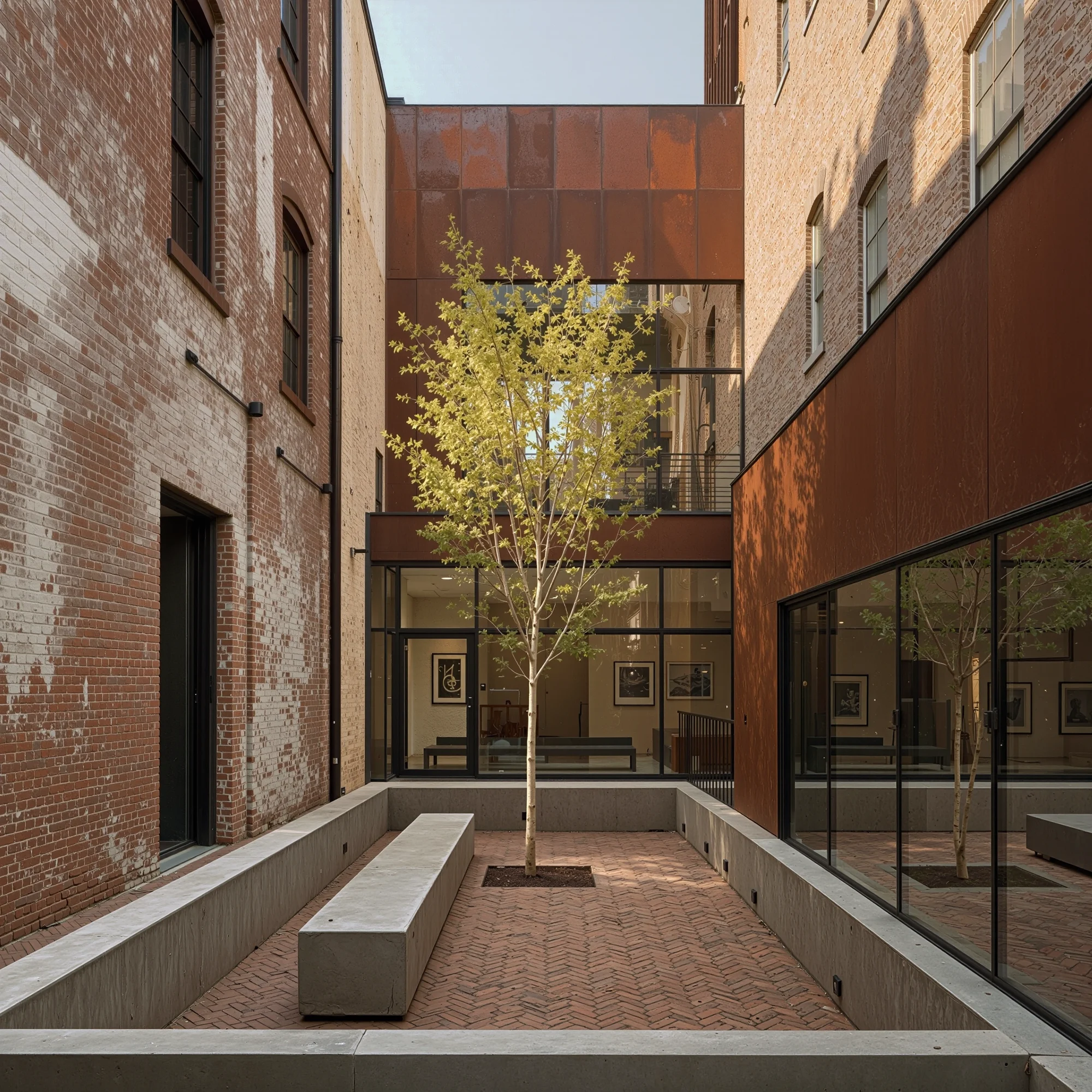 modern courtyard between historic brick buildings