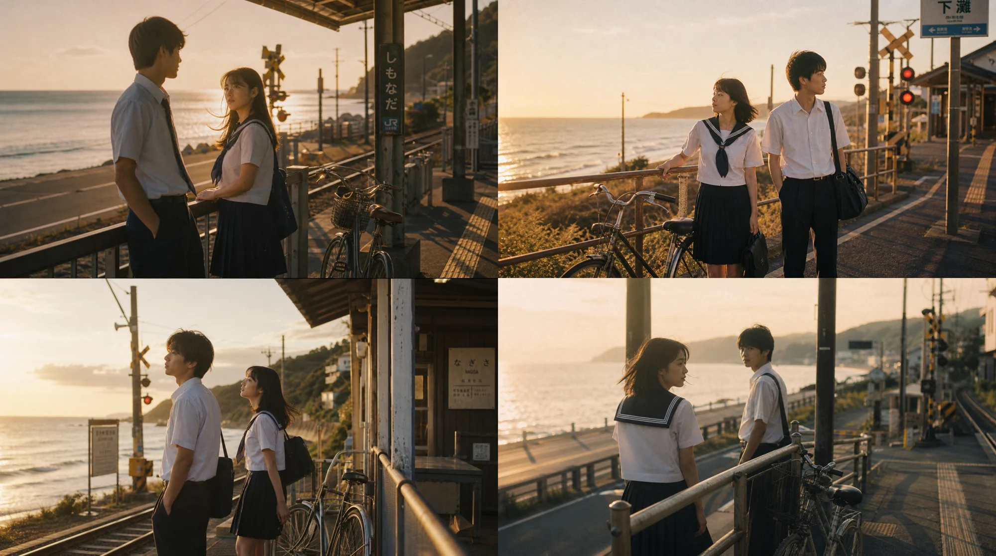 Japanese youth drama film still generated from a Korean prompt showing students on a coastal train station platform at sunset