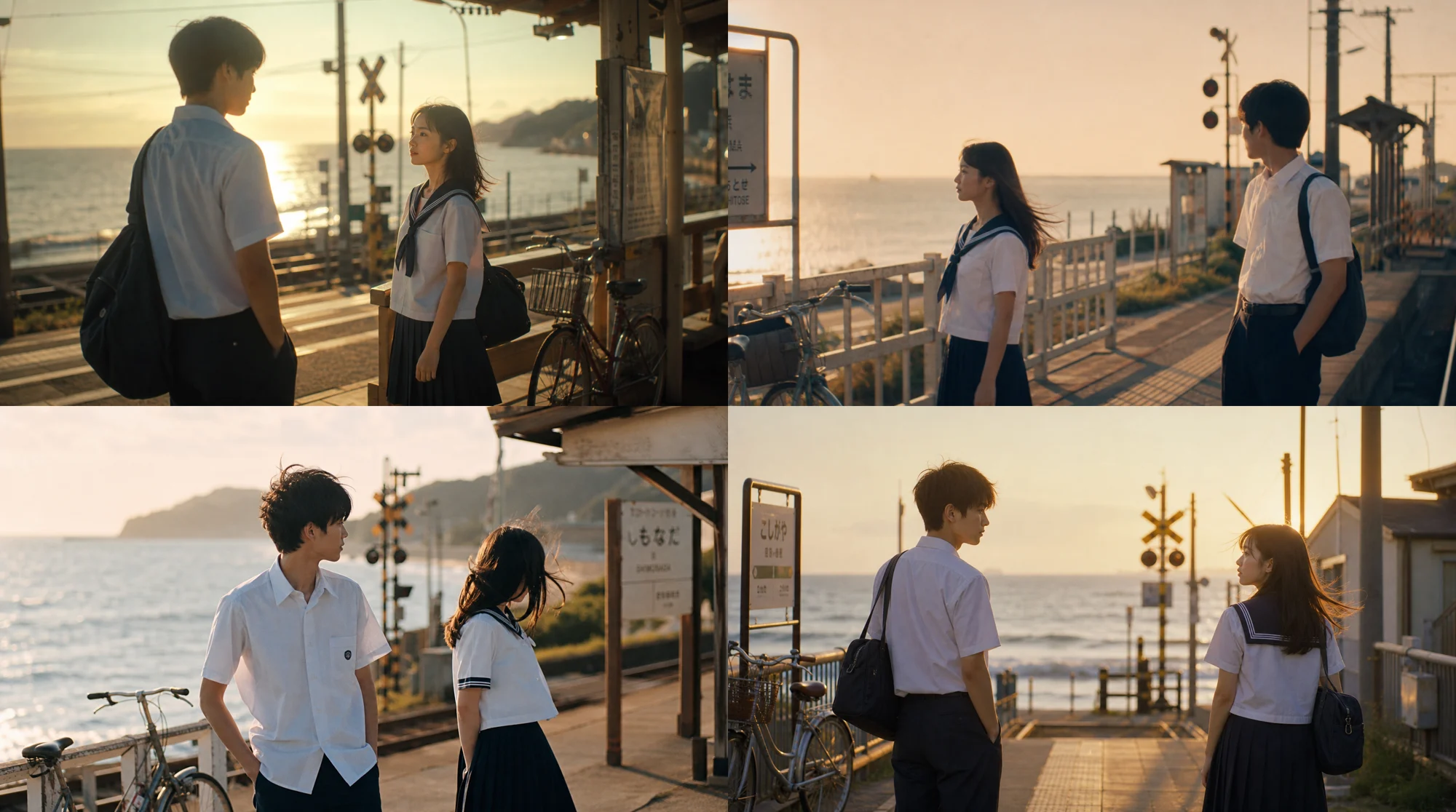 Japanese youth drama film still generated from a Spanish prompt showing students on a coastal train station platform at sunset