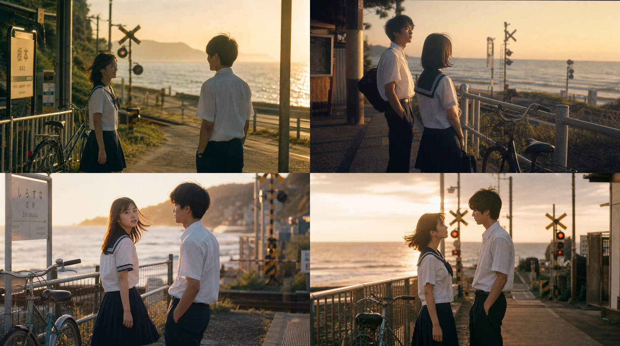 Japanese youth drama film still generated from a Japanese prompt showing students on a coastal train station platform at sunset