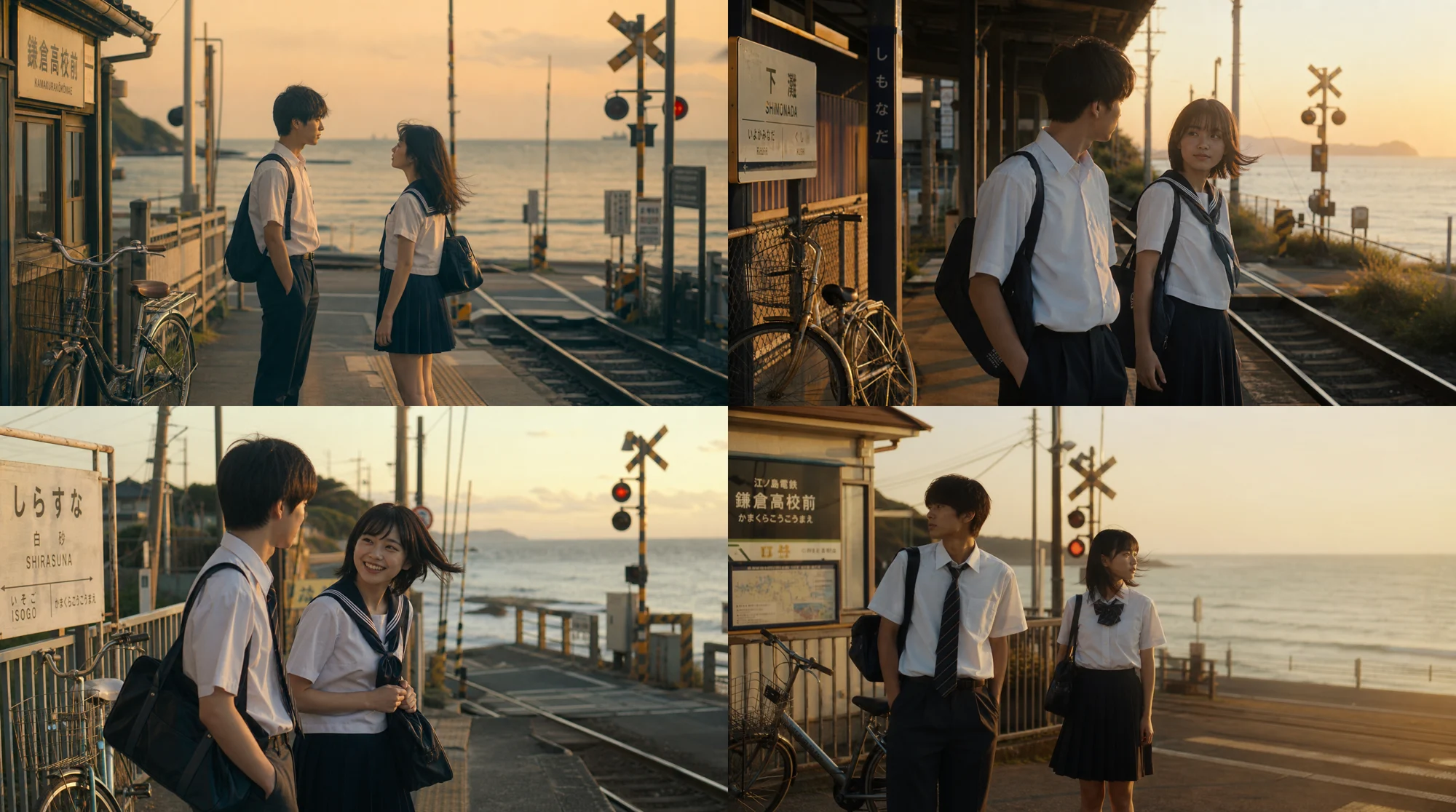 Japanese youth drama film still generated from an English prompt showing students on a coastal train station platform at sunset