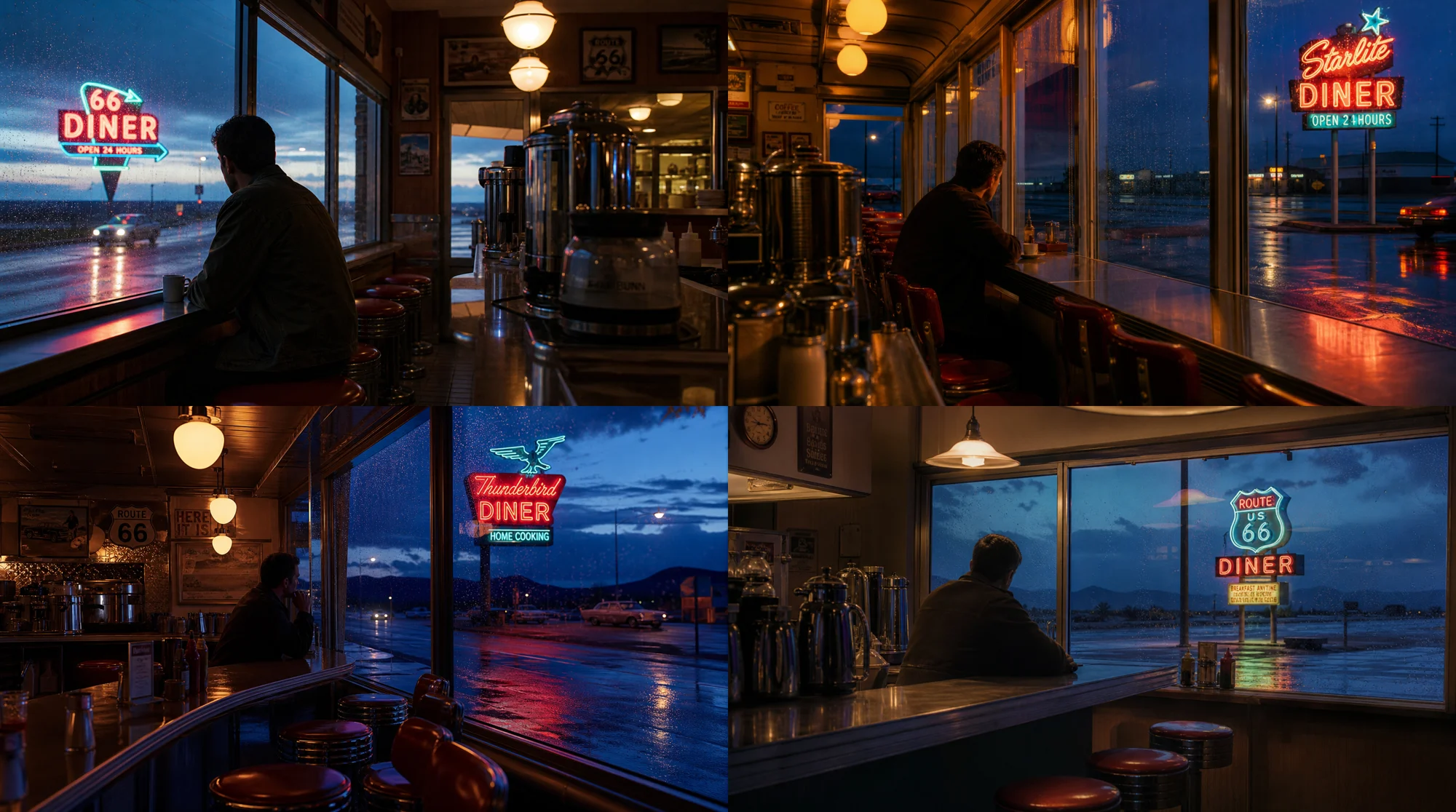 1960s American retro diner on Route 66 generated from a Spanish prompt with neon lights and rainstreaked windows