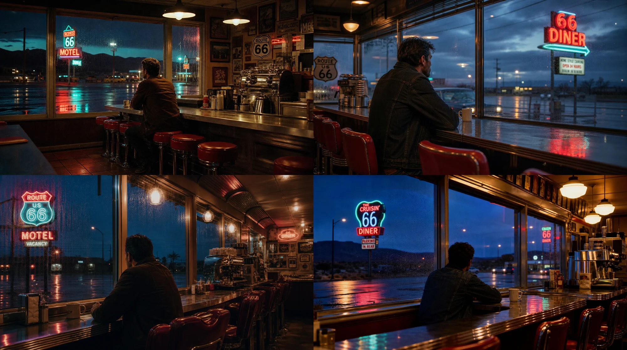 1960s American retro diner on Route 66 generated from a Korean prompt with neon lights and rainstreaked windows