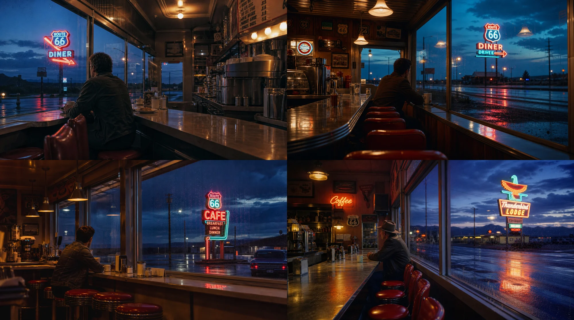1960s American retro diner on Route 66 generated from an English prompt with neon lights and rainstreaked windows