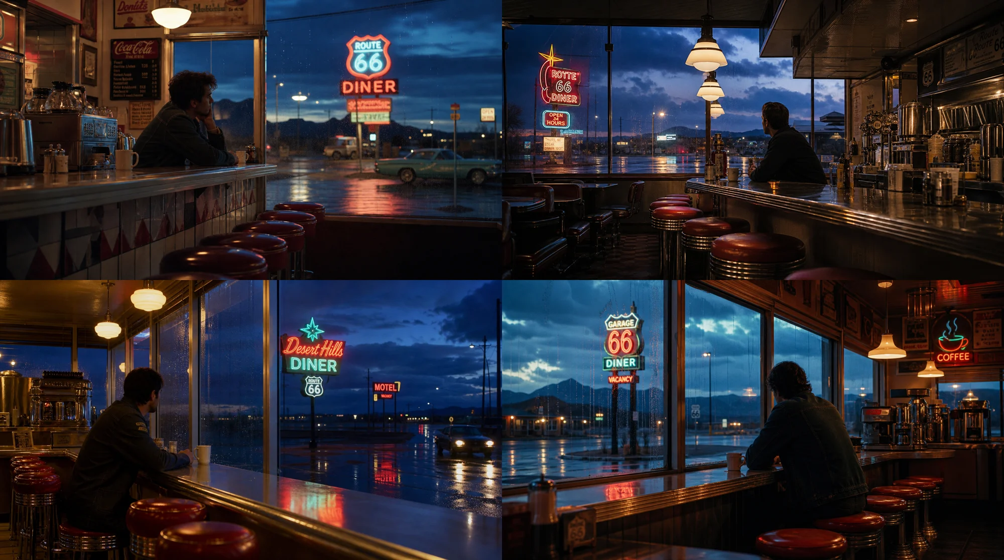 1960s American retro diner on Route 66 generated from a Japanese prompt with neon lights and rainstreaked windows