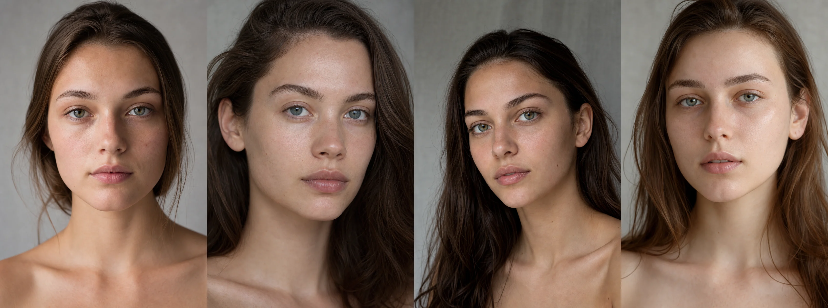 Studio beauty portrait generated using affirmative descriptions of bare skin and natural features