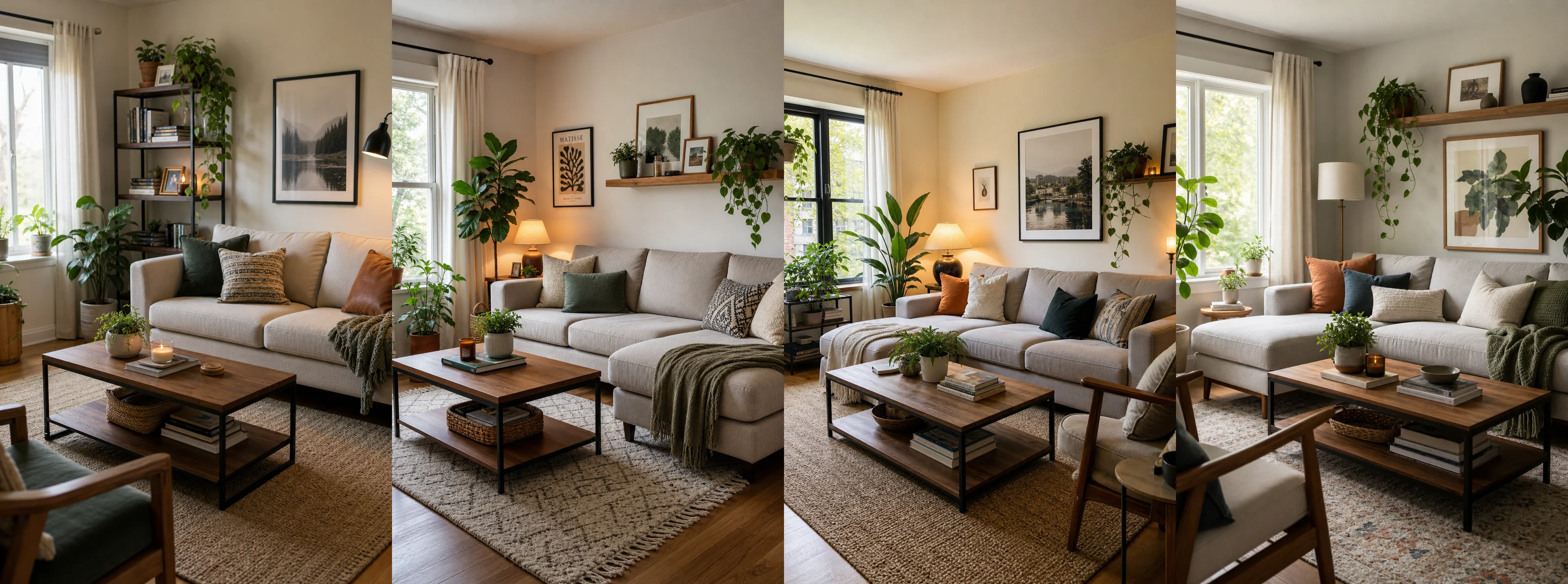 Cozy modern living room generated from a prompt requesting no pink elephants