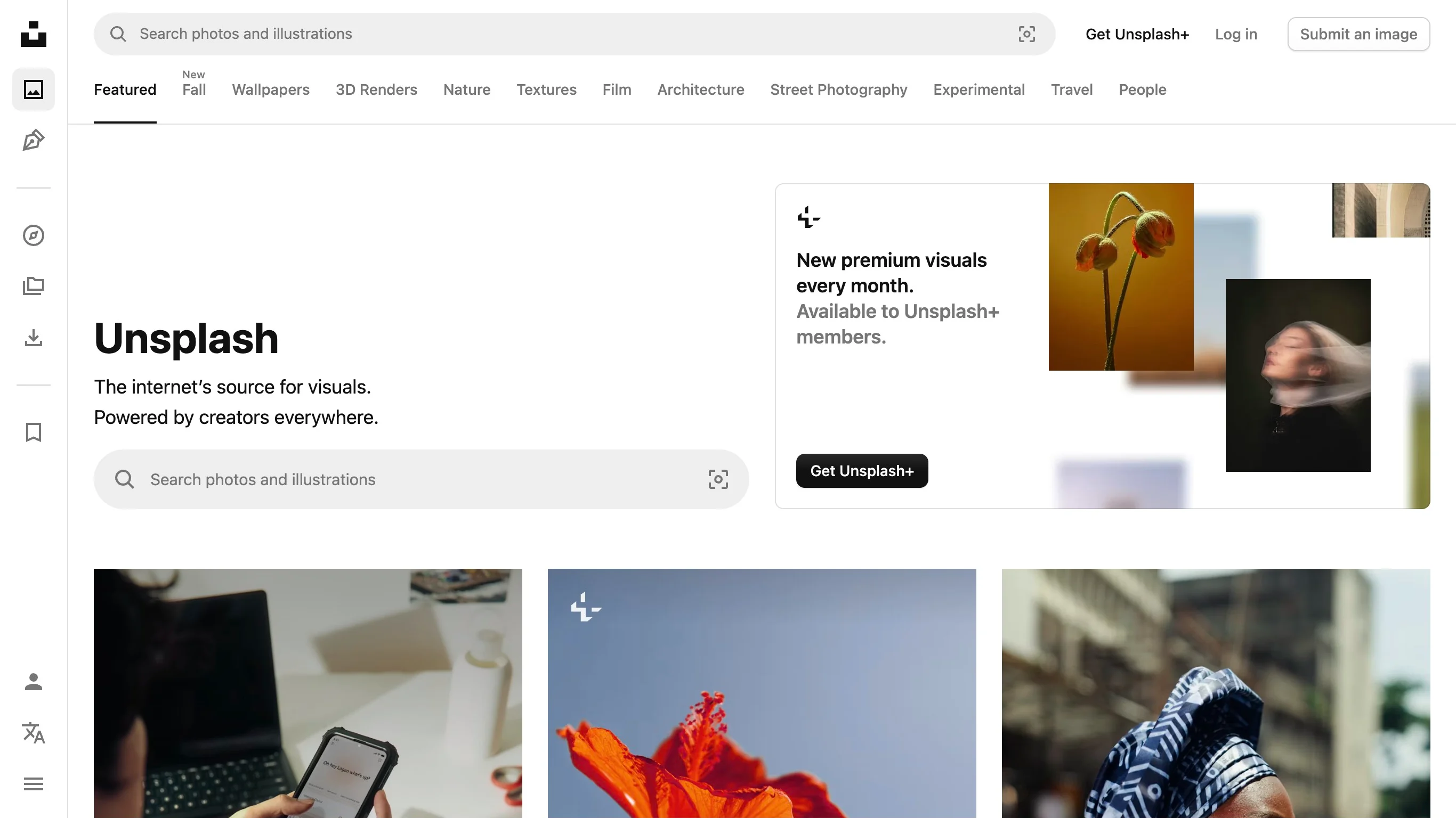 A curated grid of authentic editorial photography on the Unsplash website
