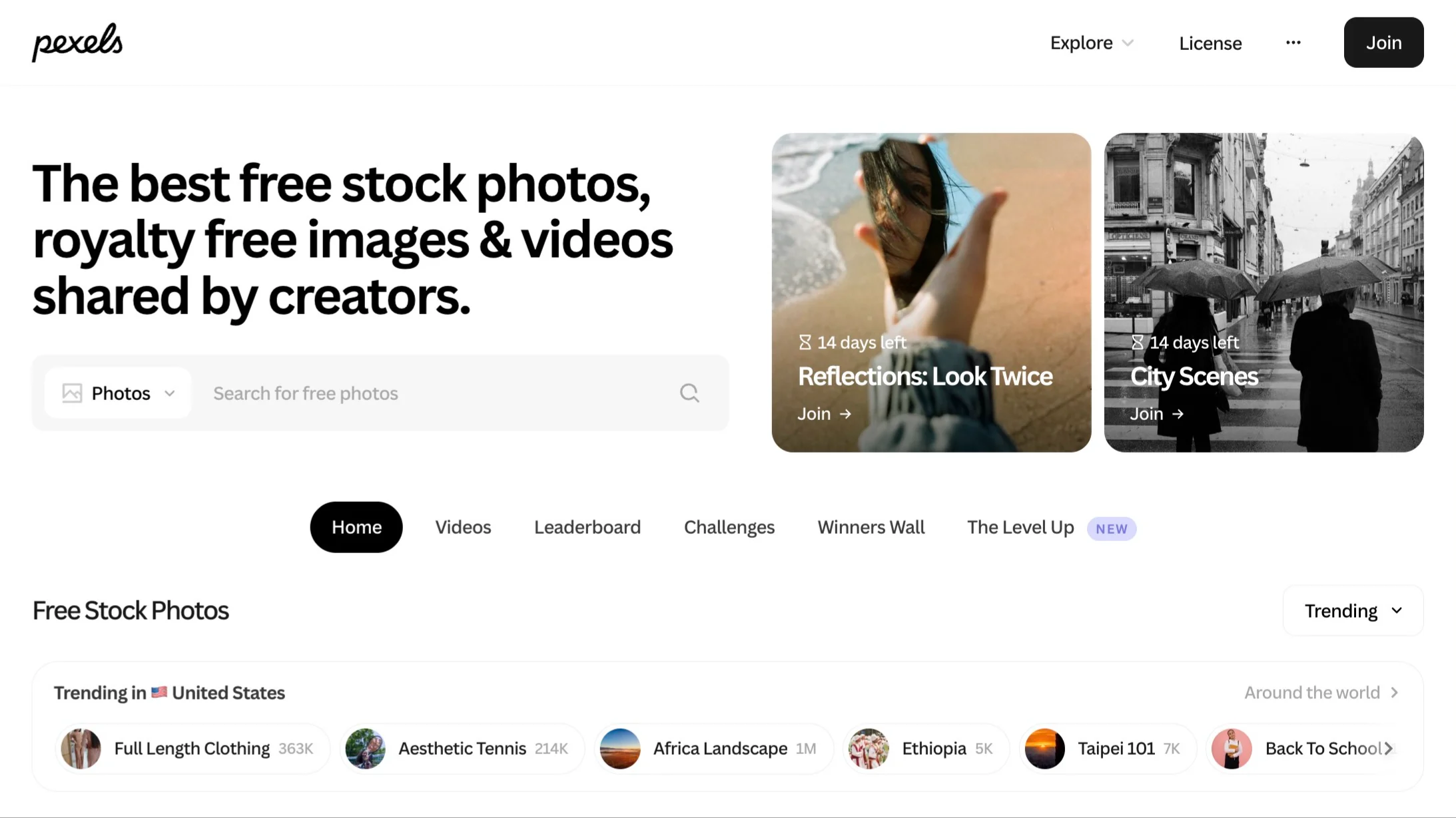 A collection of themed stock photos and video clips displayed on Pexels
