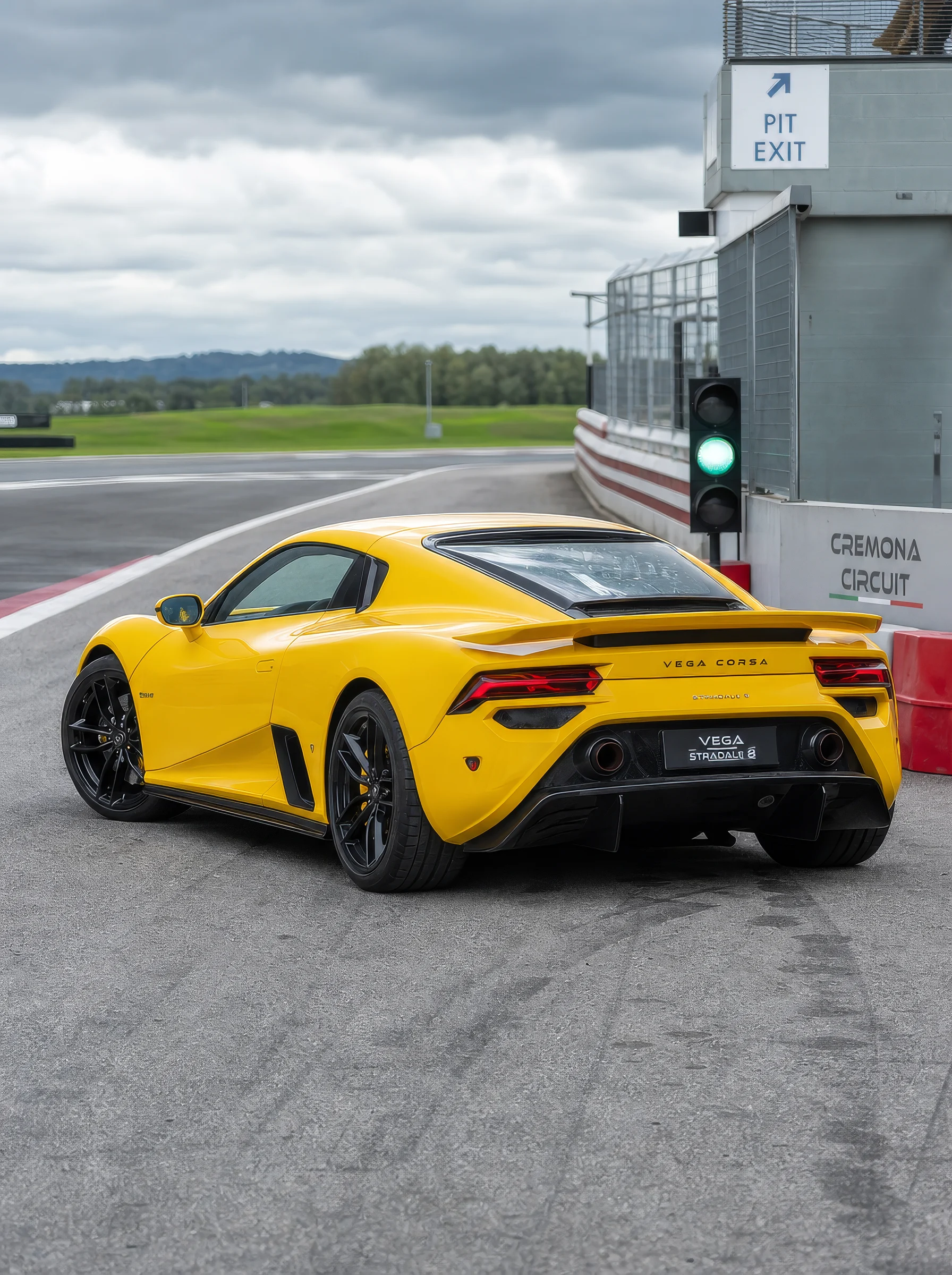 Yellow Sports Car at Racetrack Pit Exit