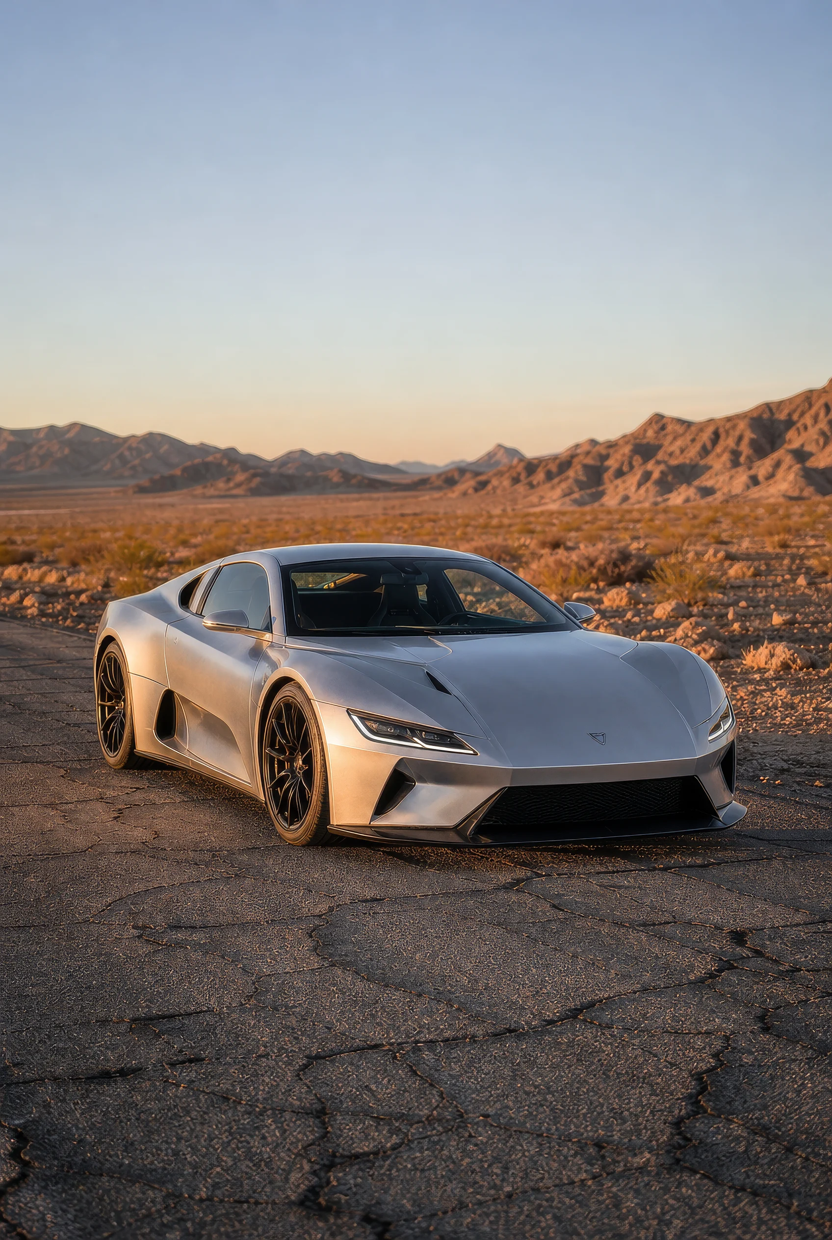 Silver Sports Car on a Desert Road