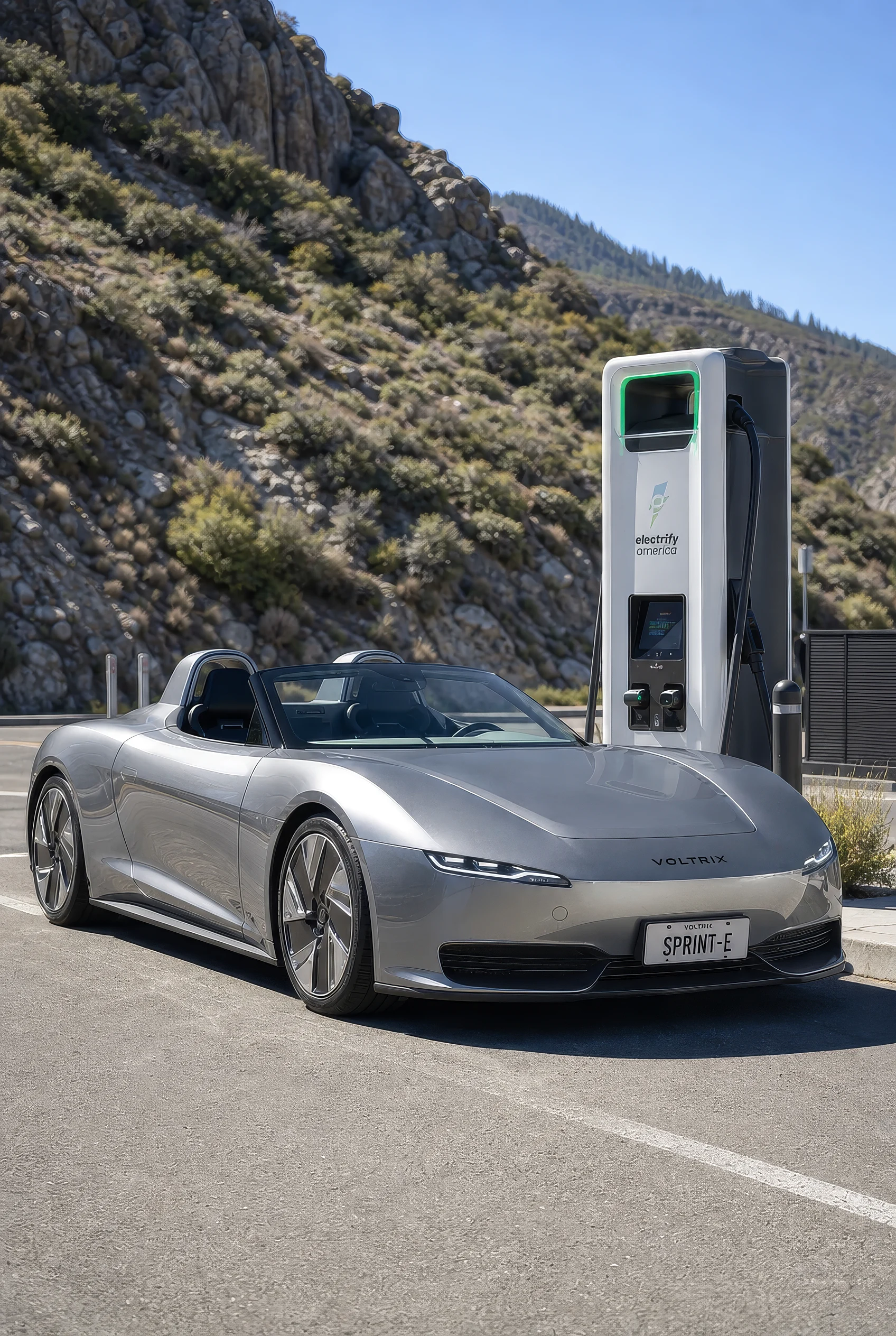 Electric Roadster at a Mountain Charging Station
