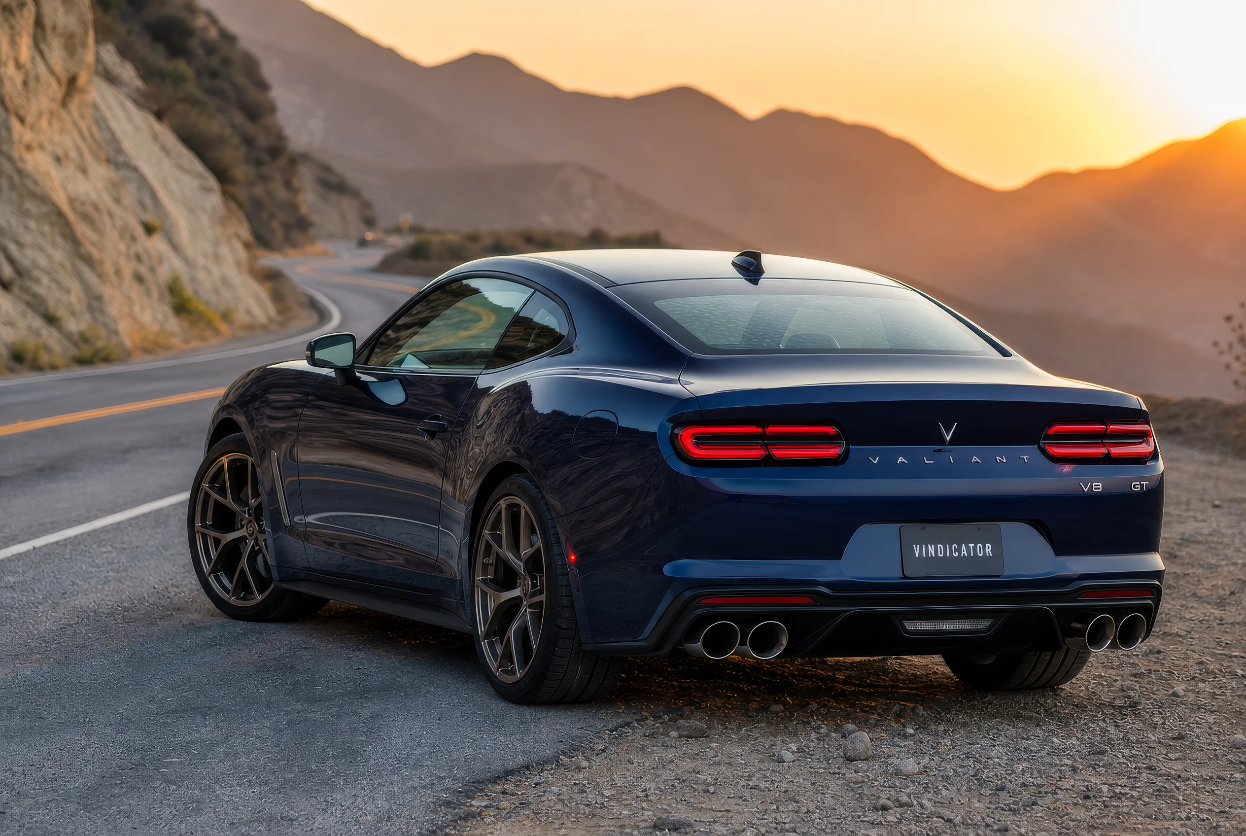 Blue Sports Coupe on a Winding Canyon Road