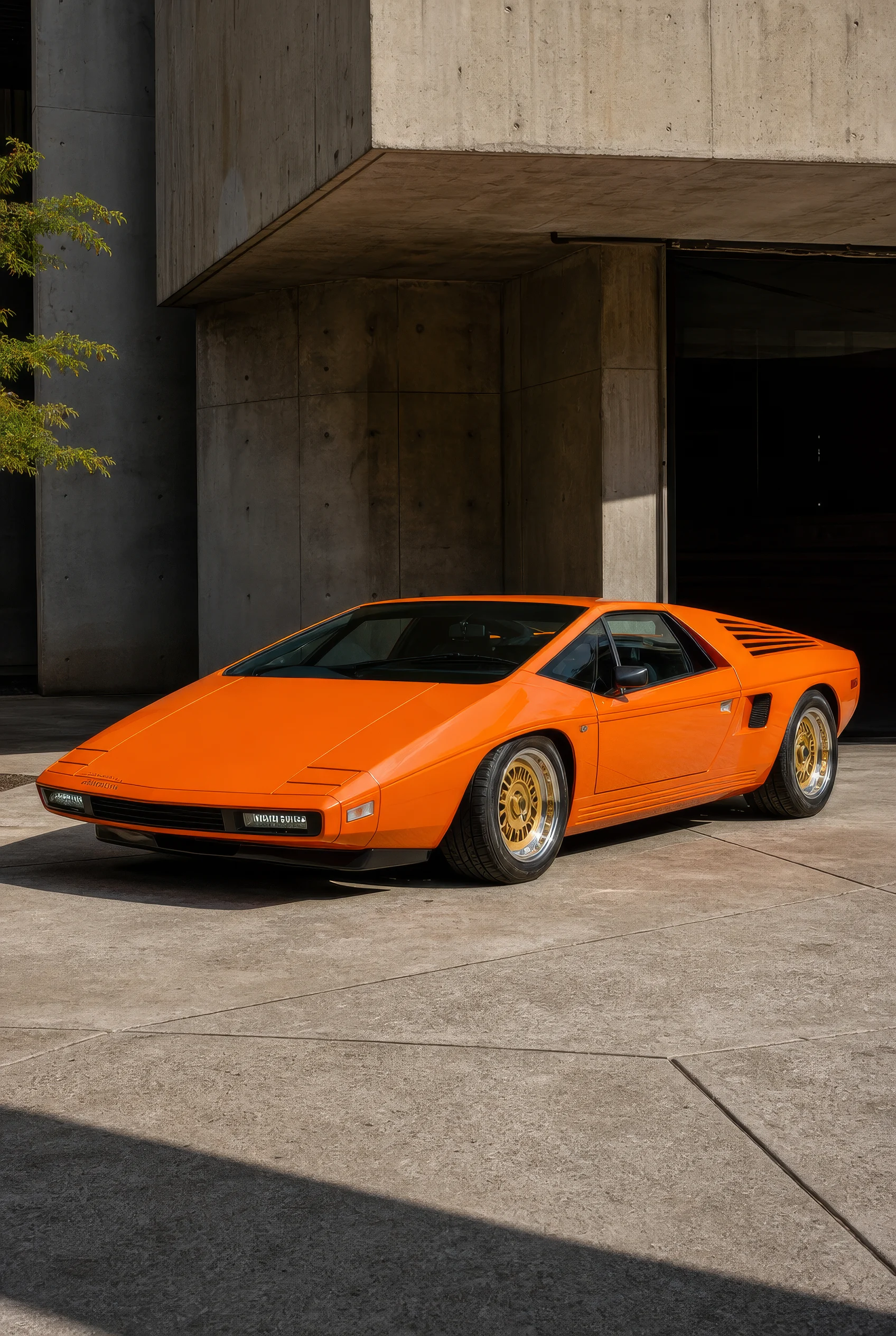 Orange Sports Car in Brutalist Courtyard