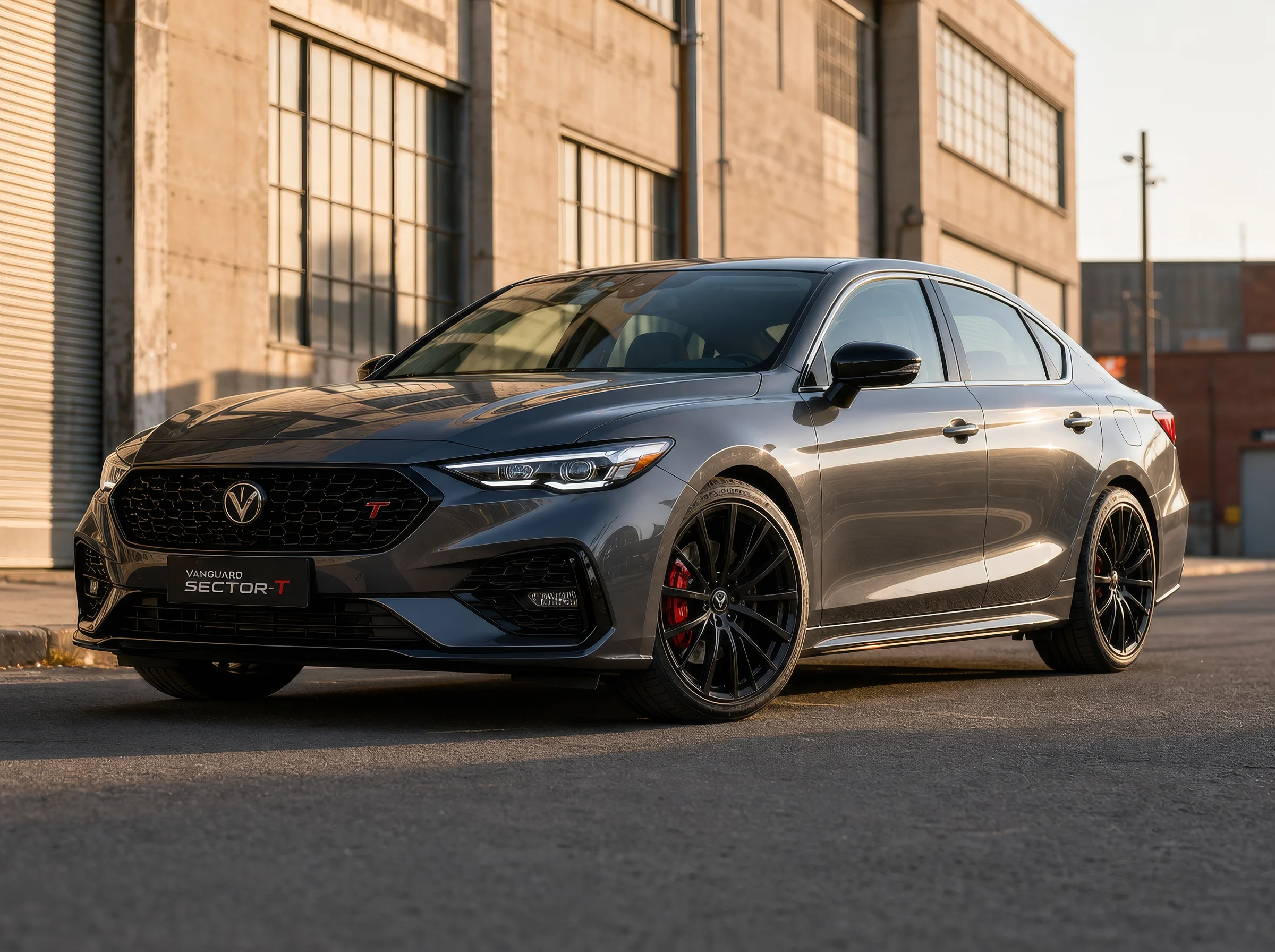 Modern Grey Sedan in Industrial Setting